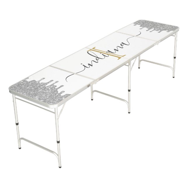 Silver Glitter Drip Gold Monogram Script Name Beer Pong Table (Angled)