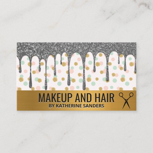 Silver Glitter Drip  Gold Polka Dot Pattern Business Card