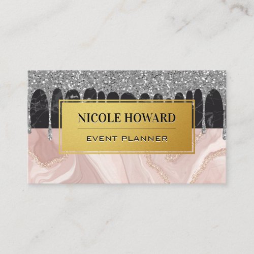 Silver Glitter Drip  Marble Business Card