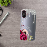 Silver glitter drip metallic burgundy flowers name iPhone 16 case<br><div class="desc">Faux silver glitter drip,  paint drip look on a faux silver metallic looking background. Burgundy and rose gold colored Flowers. Template for Your name.  The name in light gray is written with a modern and trendy hand lettered style script.</div>