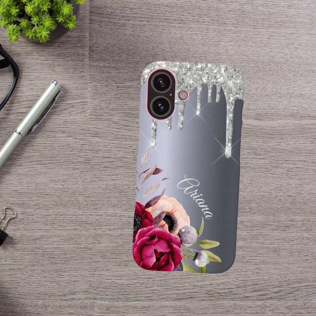 Silver glitter drip metallic burgundy flowers name Case-Mate iPhone case (Creator Uploaded)
