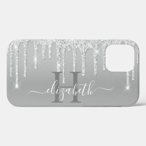 Silver Glitter Drip Monogram iPhone 12 Case