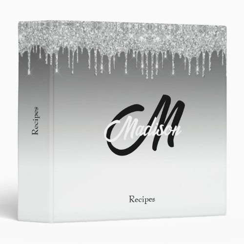 Silver Glitter Drip Monogram Sparkle Cute Girly 3 Ring Binder