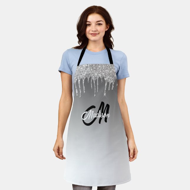 Silver Glitter Drip Monogram Sparkle Cute Girly Apron (Worn)
