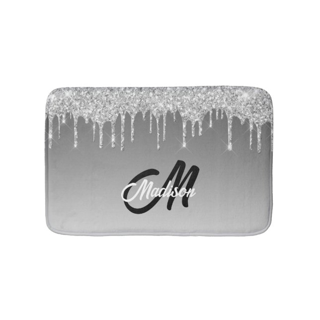 Silver Glitter Drip Monogram Sparkle Cute Girly Bath Mat (Front)