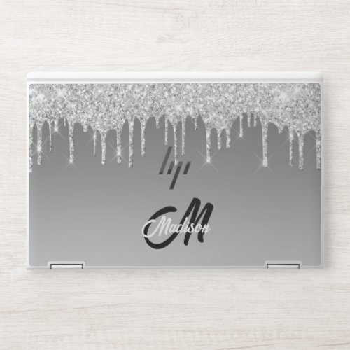 Silver Glitter Drip Monogram Sparkle Cute Girly HP Laptop Skin