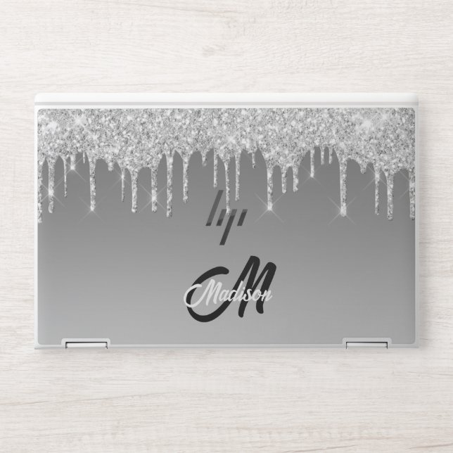 Silver Glitter Drip Monogram Sparkle Cute Girly HP Laptop Skin (Front)