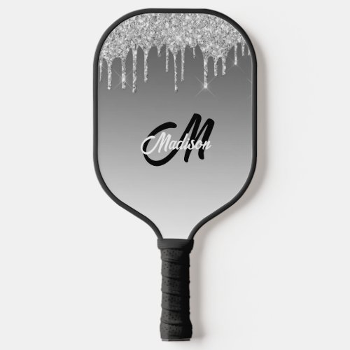 Silver Glitter Drip Monogram Sparkle Cute Girly Pickleball Paddle