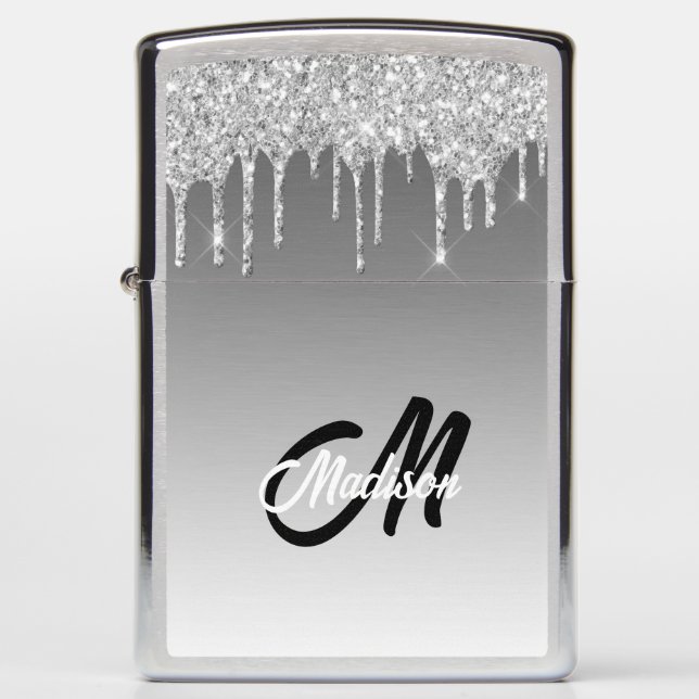 Silver Glitter Drip Monogram Sparkle Cute Girly Zippo Lighter (Front)