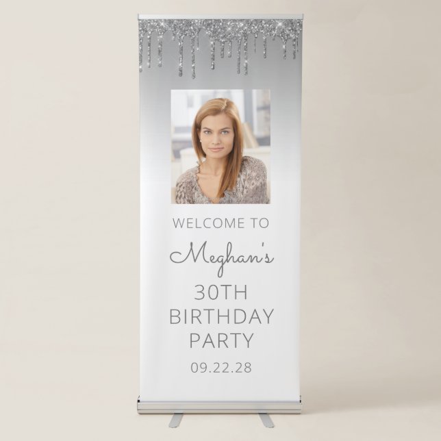Silver Glitter Drip Photo 30th Birthday Party Retractable Banner (Front)