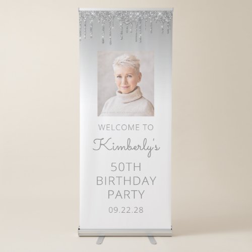 Silver Glitter Drip Photo 50th Birthday Party Retractable Banner