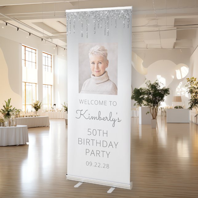 Silver Glitter Drip Photo 50th Birthday Party Retractable Banner (Creator Uploaded)