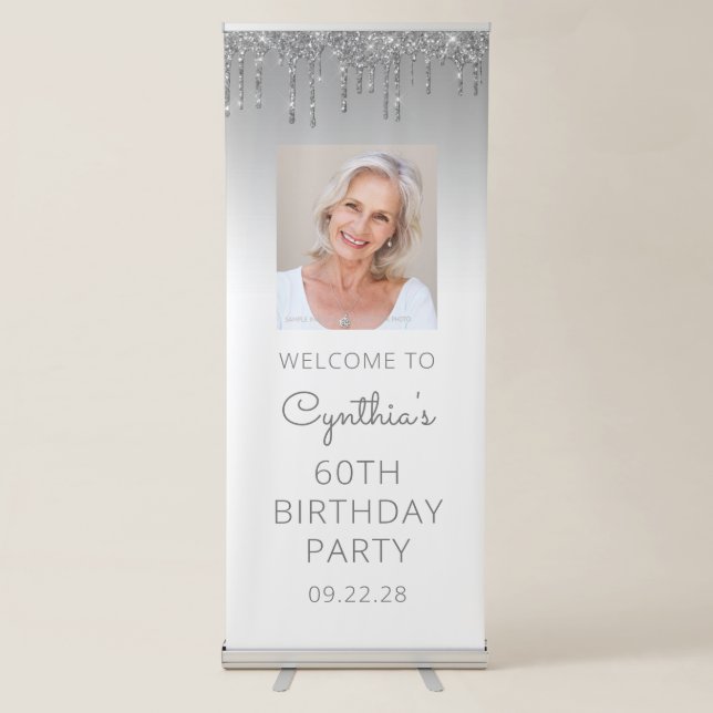 Silver Glitter Drip Photo 60th Birthday Party Retractable Banner (Front)