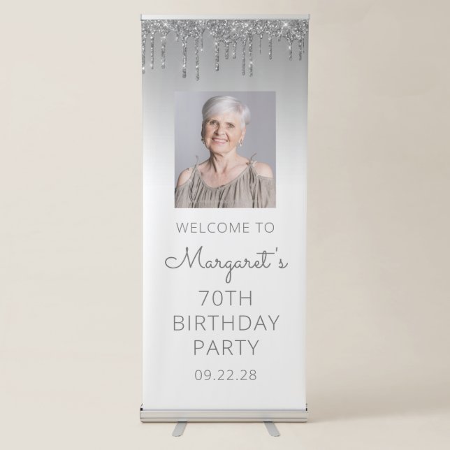 Silver Glitter Drip Photo 70th Birthday Party Retractable Banner (Front)