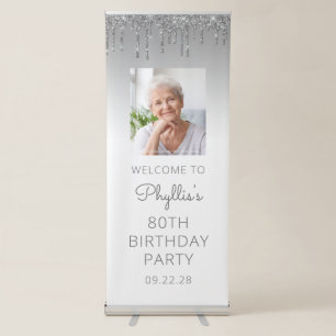 Silver Glitter Drip Photo 80th Birthday Party Retractable Banner