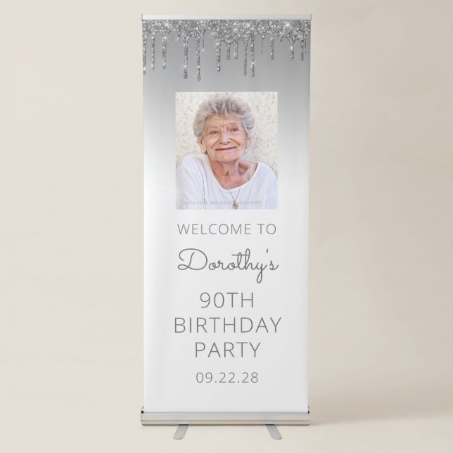 Silver Glitter Drip Photo 90th Birthday Party Retractable Banner (Front)
