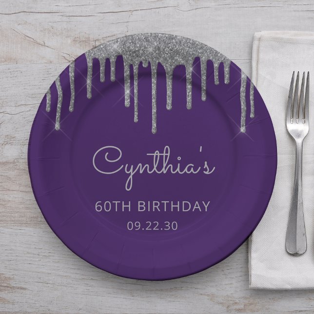 Silver Glitter Drip Purple 60th Birthday Party Paper Plates (Creator Uploaded)
