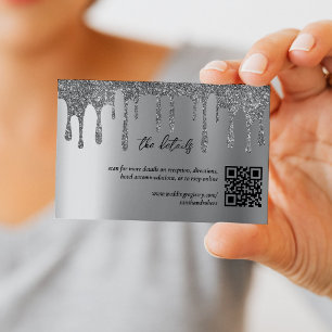 Silver Glitter Drip QR Code Wedding Details Enclosure Card
