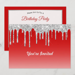 Silver Glitter Drip Red Background Birthday Invitation
