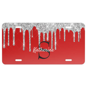 Silver Glitter Drip Red Background License Plate