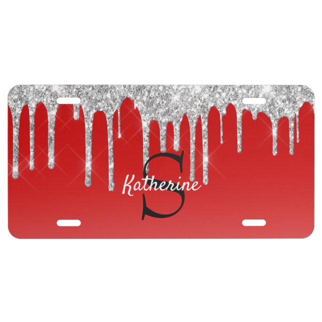 Silver Glitter Drip Red Background License Plate (Front)
