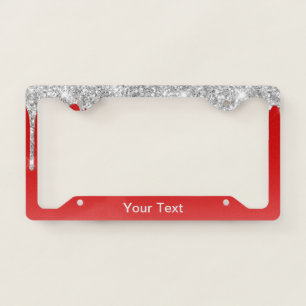 Silver Glitter Drip Red Background License Plate Frame