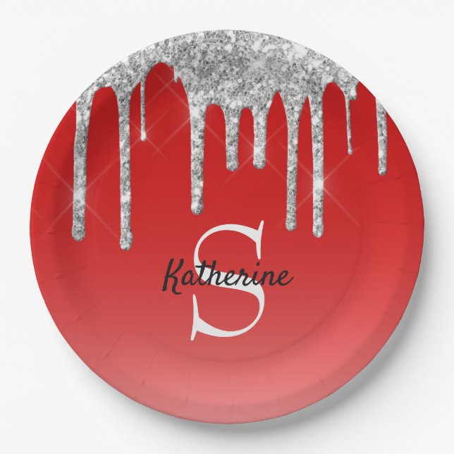Silver Glitter Drip Red Background Monogram Paper Plates (Front)
