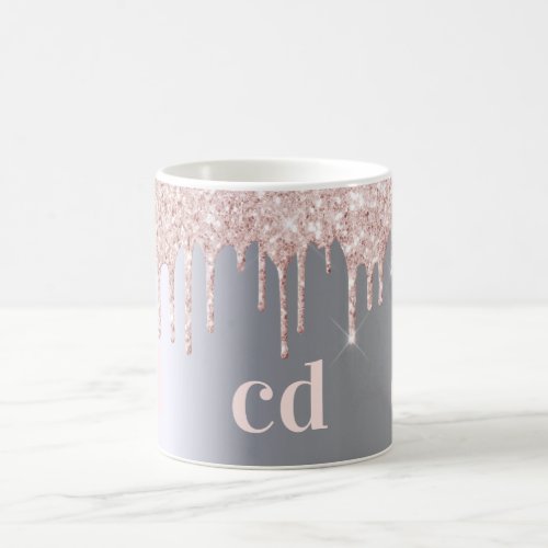 Silver glitter drip rose gold monogram coffee mug