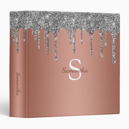 Silver Glitter Drip Rose Gold Monogram Name 3 Ring Binder