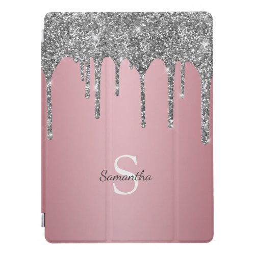 Silver Glitter Drip Rose Gold Pink Monogram Name iPad Pro Cover