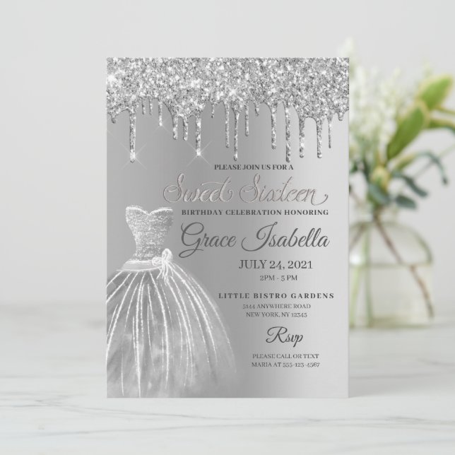 Silver Glitter Drip Sweet Sixteen Birthday Invitation (Standing Front)