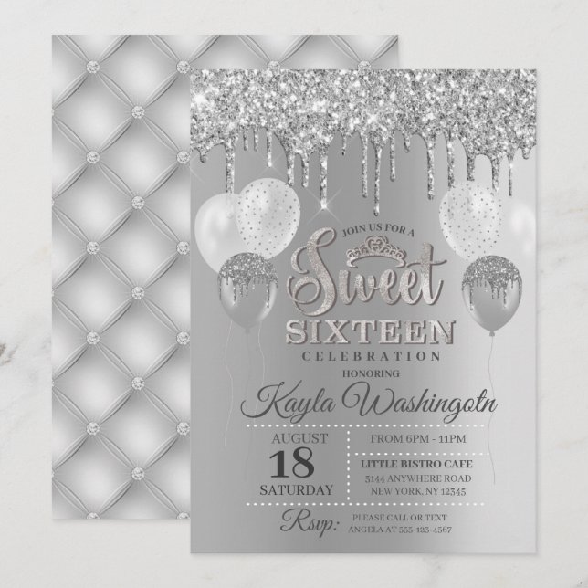 Silver Glitter Drip Sweet Sixteen Birthday  Invitation (Front/Back)