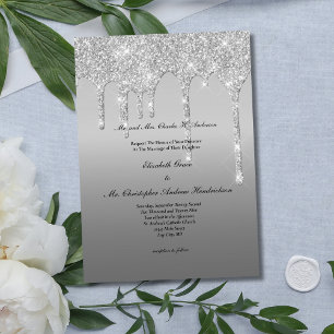 Silver Glitter Drip Trendy Elegant Modern Wedding Invitation