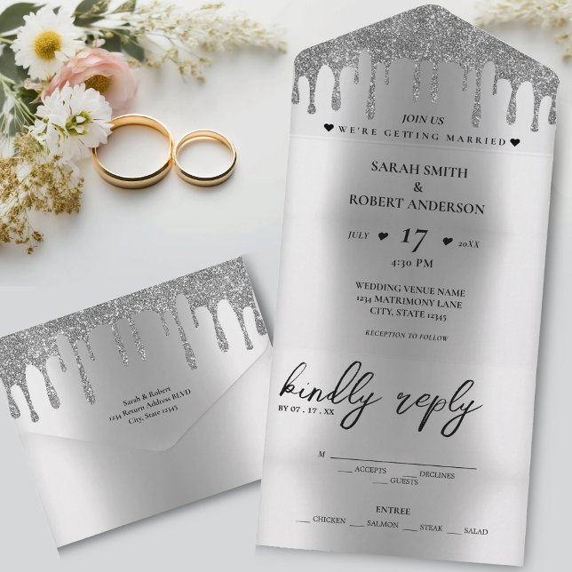 Silver Glitter Drip Wedding All In One Invitation (Silver Glitter Drip Wedding All In One Invitation)