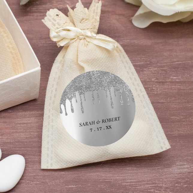 Silver Glitter Drip Wedding Classic Round Sticker (Silver Glitter Drip Wedding Classic Round Sticker)
