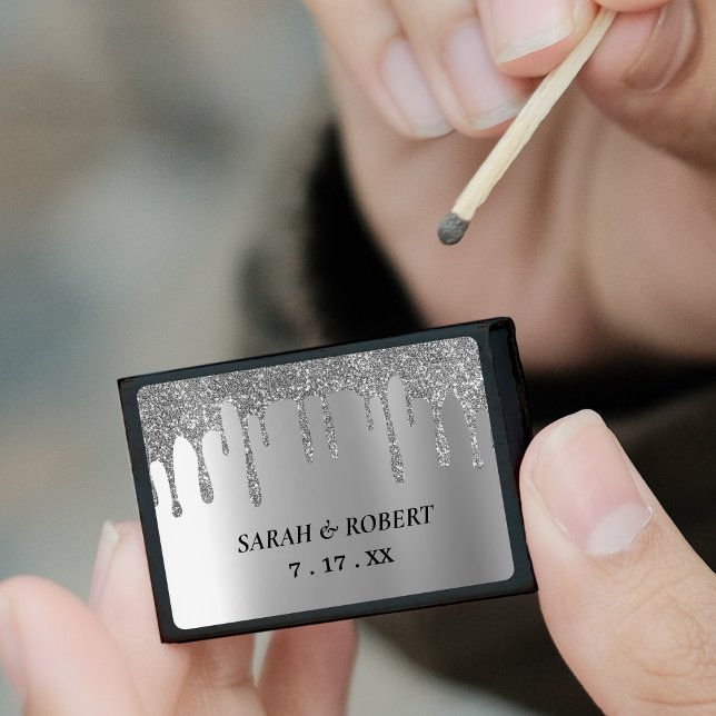 Silver Glitter Drip Wedding Favor Matchboxes (Silver Glitter Drip Wedding Favor Matchboxes)