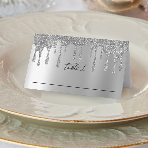 Silver Glitter Drip Wedding Reception Place Card