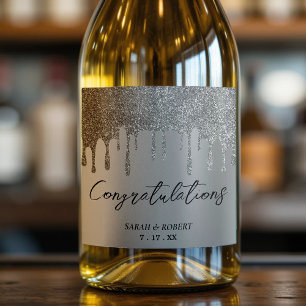Silver Glitter Drip Wedding Sparkling Wine Label