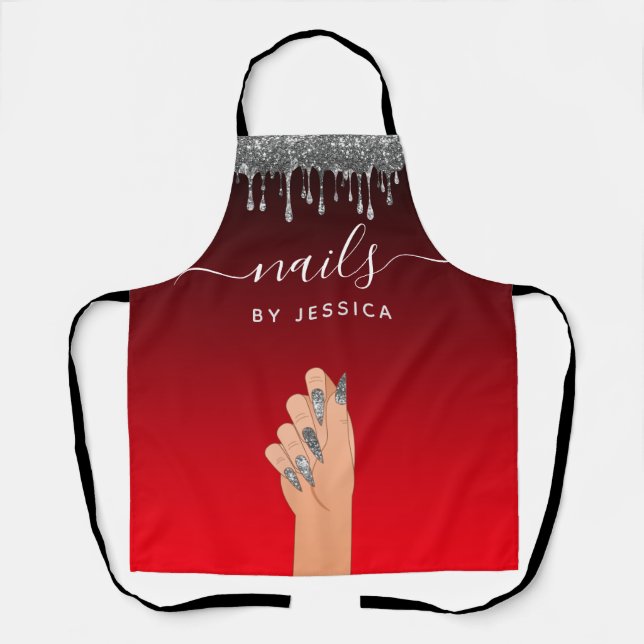 Silver Glitter Dripping Glam Nail Artist Beauty  Apron (Front)