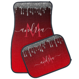 Silver Glitter Dripping Glam Red Monogram &amp; Name Car Floor Mat