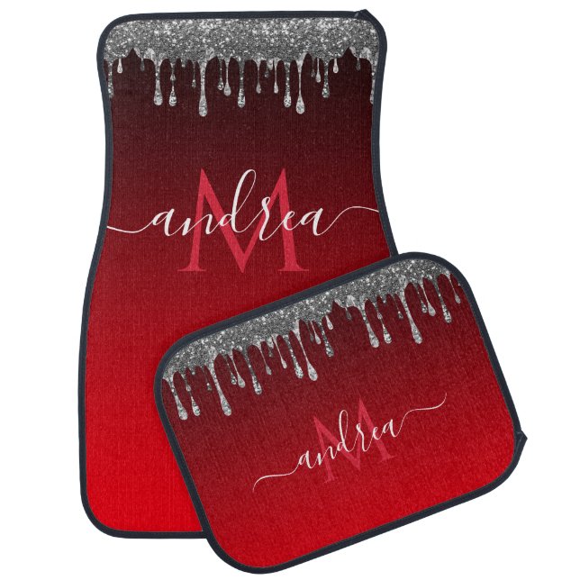 Silver Glitter Dripping Glam Red Monogram & Name Car Floor Mat (Set)