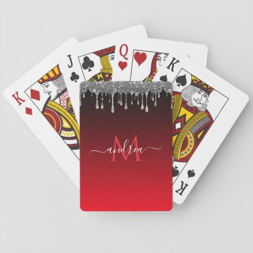 Silver Glitter Dripping Glam Red Monogram  Name  Poker Cards