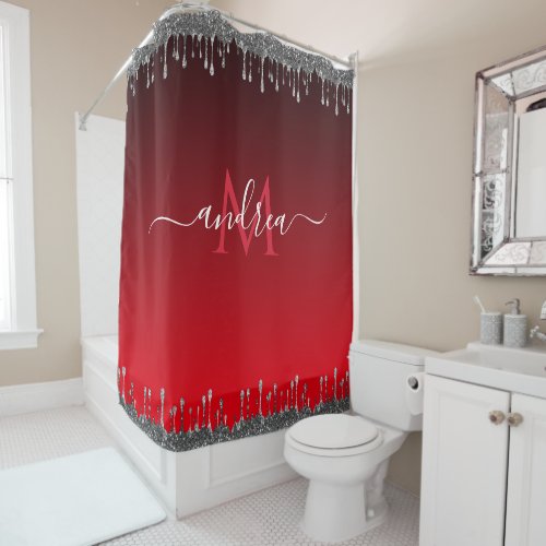 Silver Glitter Dripping Glam Red Monogram  Name Shower Curtain