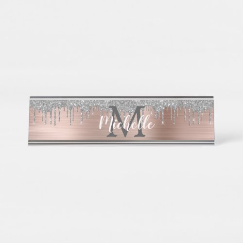 Silver Glitter Dripping Rose Gold Metal Monogram Desk Name Plate
