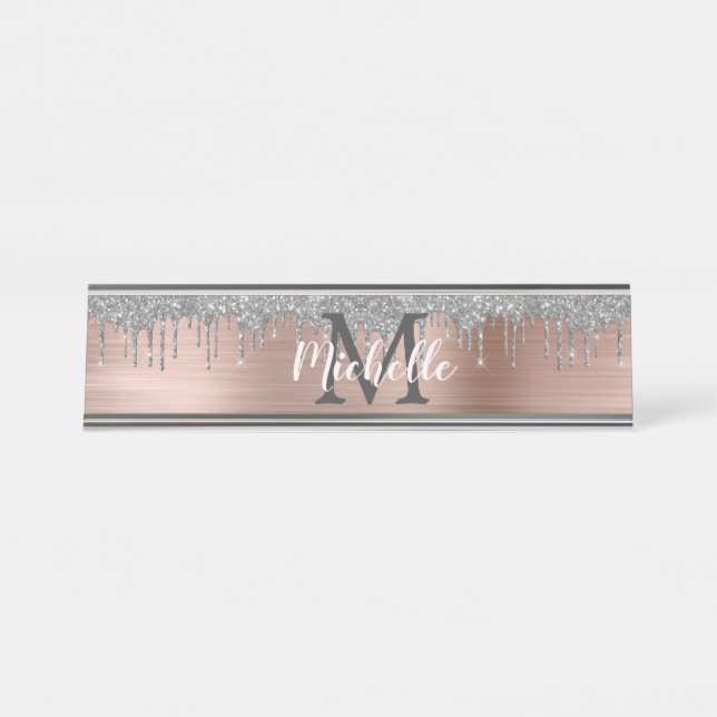 Silver Glitter Dripping Rose Gold Metal Monogram Desk Name Plate (Front)