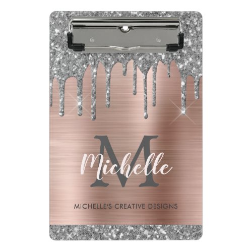 Silver Glitter Dripping Rose Gold Monogram  Mini Clipboard