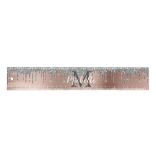 Silver Glitter Dripping Rose Gold Monogram Ruler