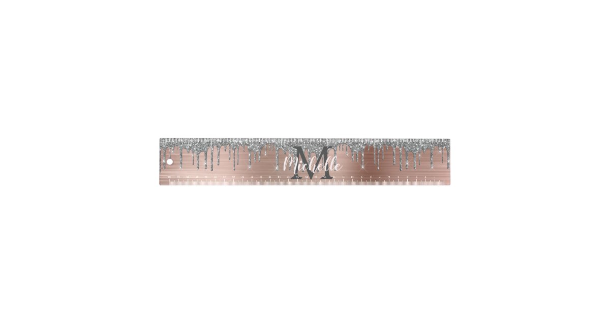 Rose Gold Ruler Silver Glitter Dripping Rose Gold Monogram Ruler | Zazzle