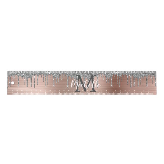 Silver Glitter Dripping Rose Gold Monogram Ruler (Front)