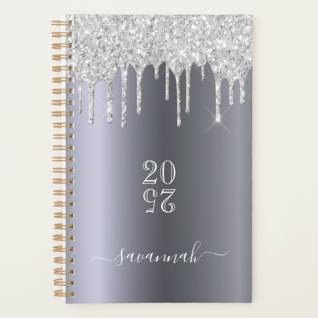 Silver glitter drips 2026 planner (Front)